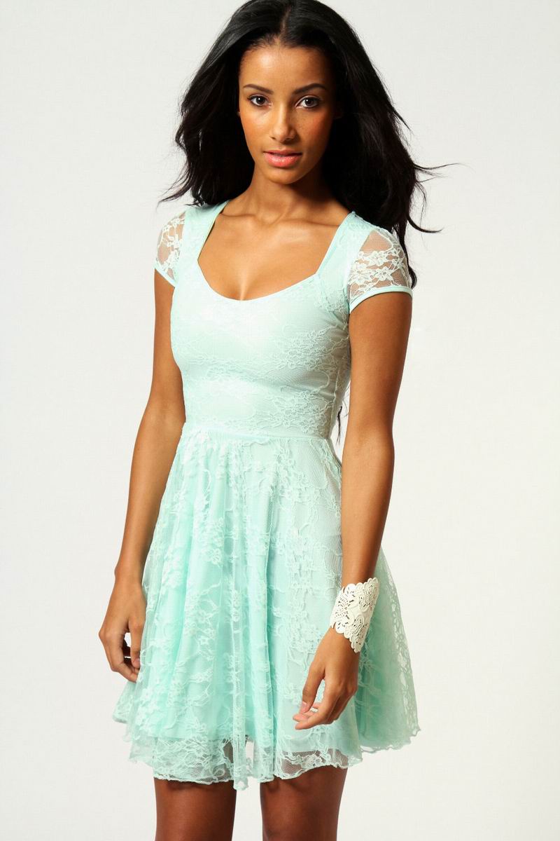 Boohoo Caroline Cap Sleeve Lace Skater Dress